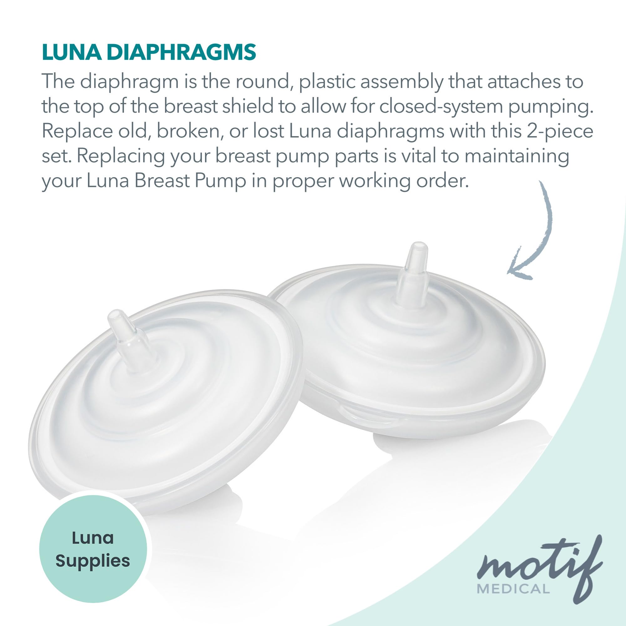 Motif Medical Luna breast pump closed-system diaphragm helps minimize contamination risk.