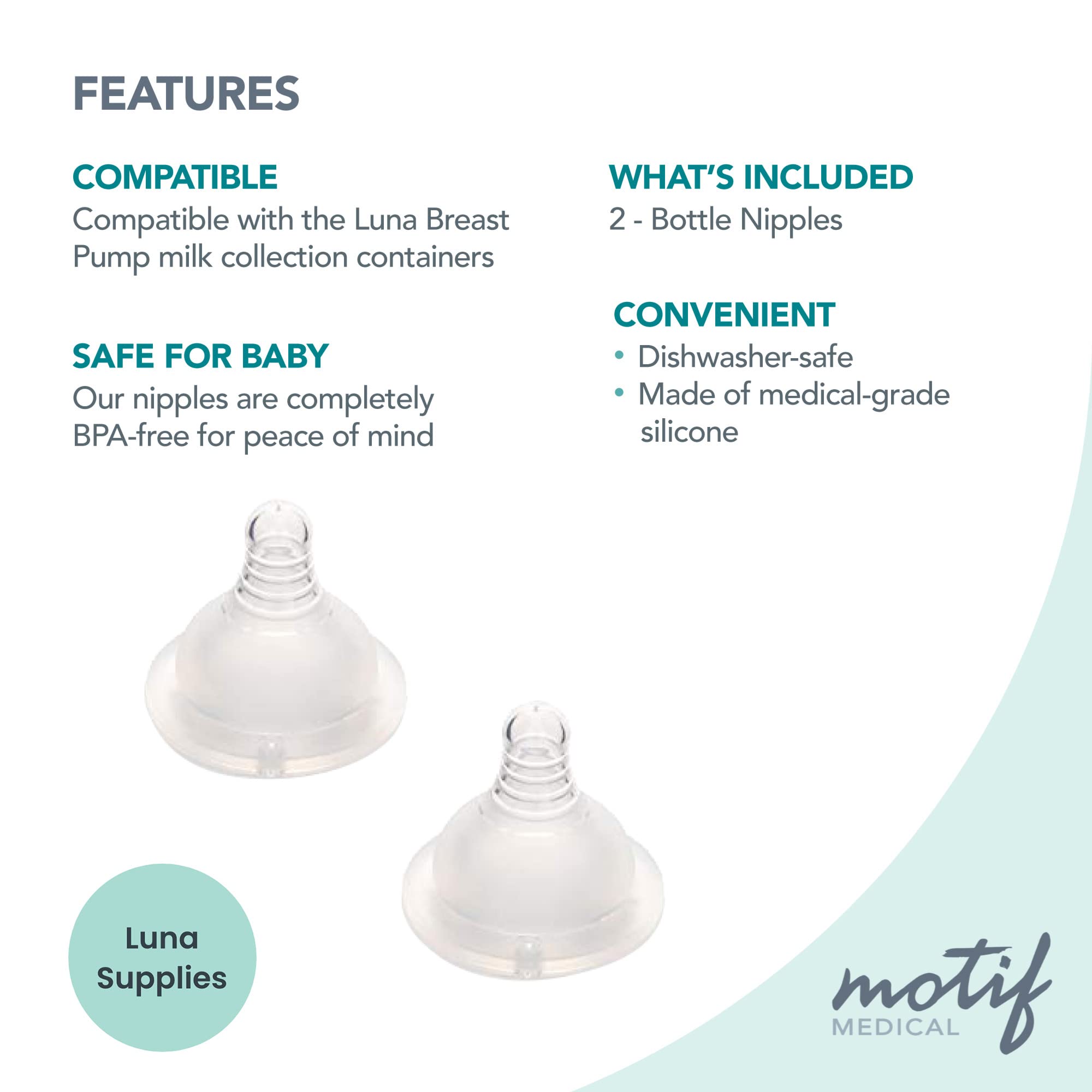 Motif Medical Luna nipple silicone material close-up emphasizes safe, flexible feeding.