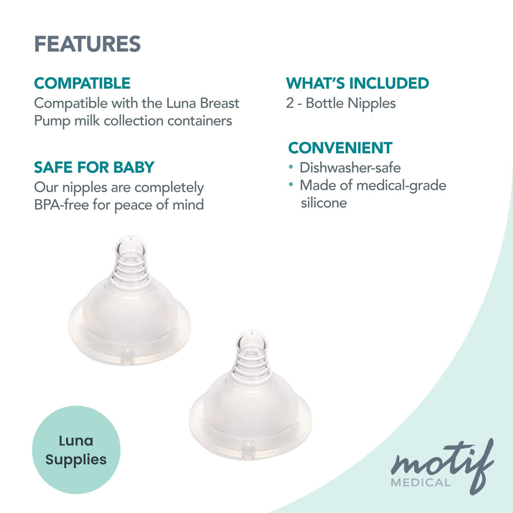 Motif Medical Luna nipple silicone material close-up emphasizes safe, flexible feeding.