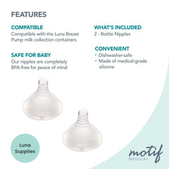 Motif Medical Luna nipple silicone material close-up emphasizes safe, flexible feeding.