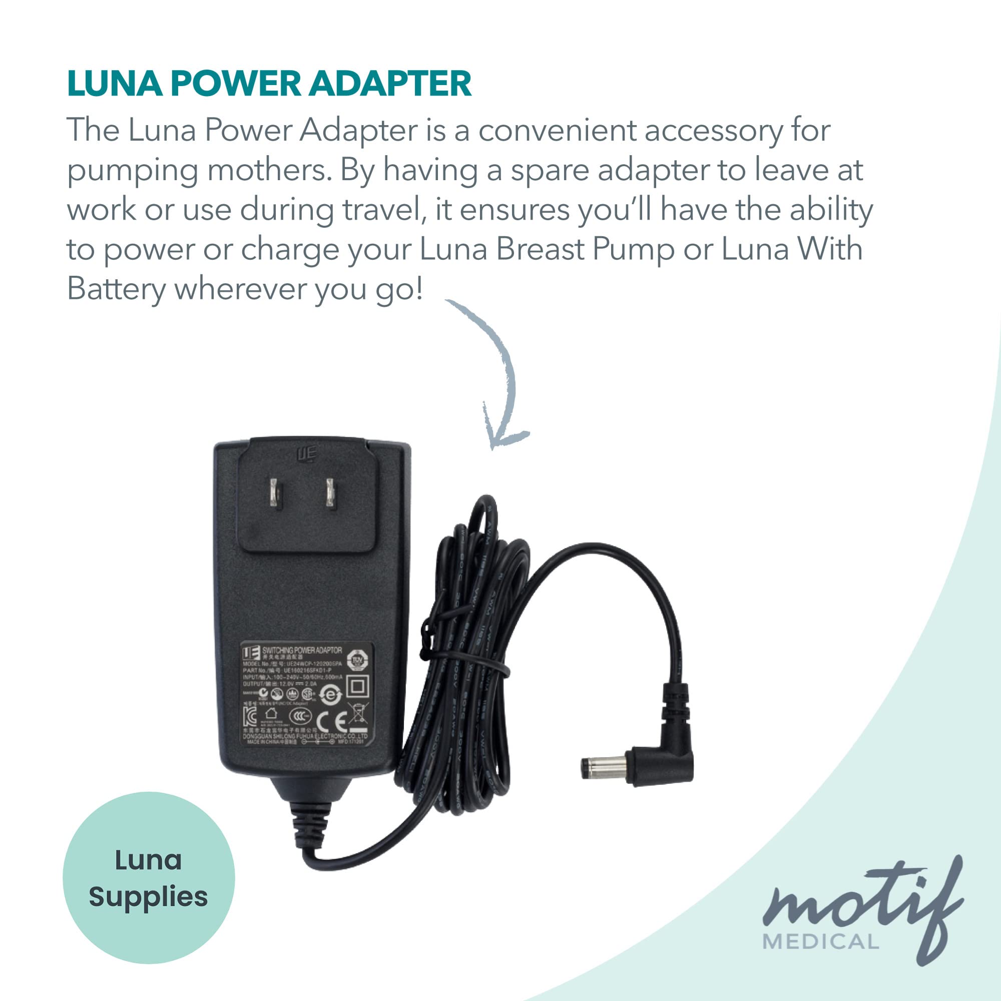 Motif Luna pump compatibility detail ensures secure barrel connector for on-the-go pumping.