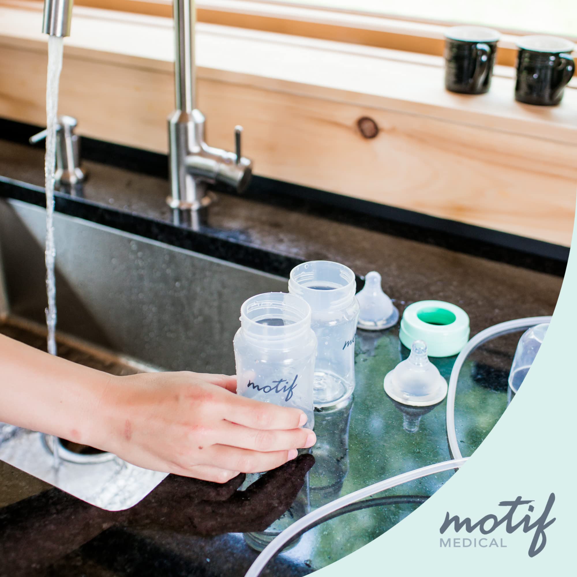 Motif Medical pale-green-top bottle emphasizes clear readings and hygienic storage.