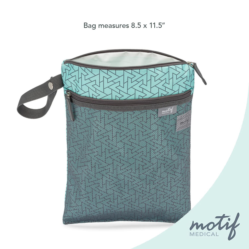Motif Medical baby wet dry bag aqua machine washable for easy cleanup.