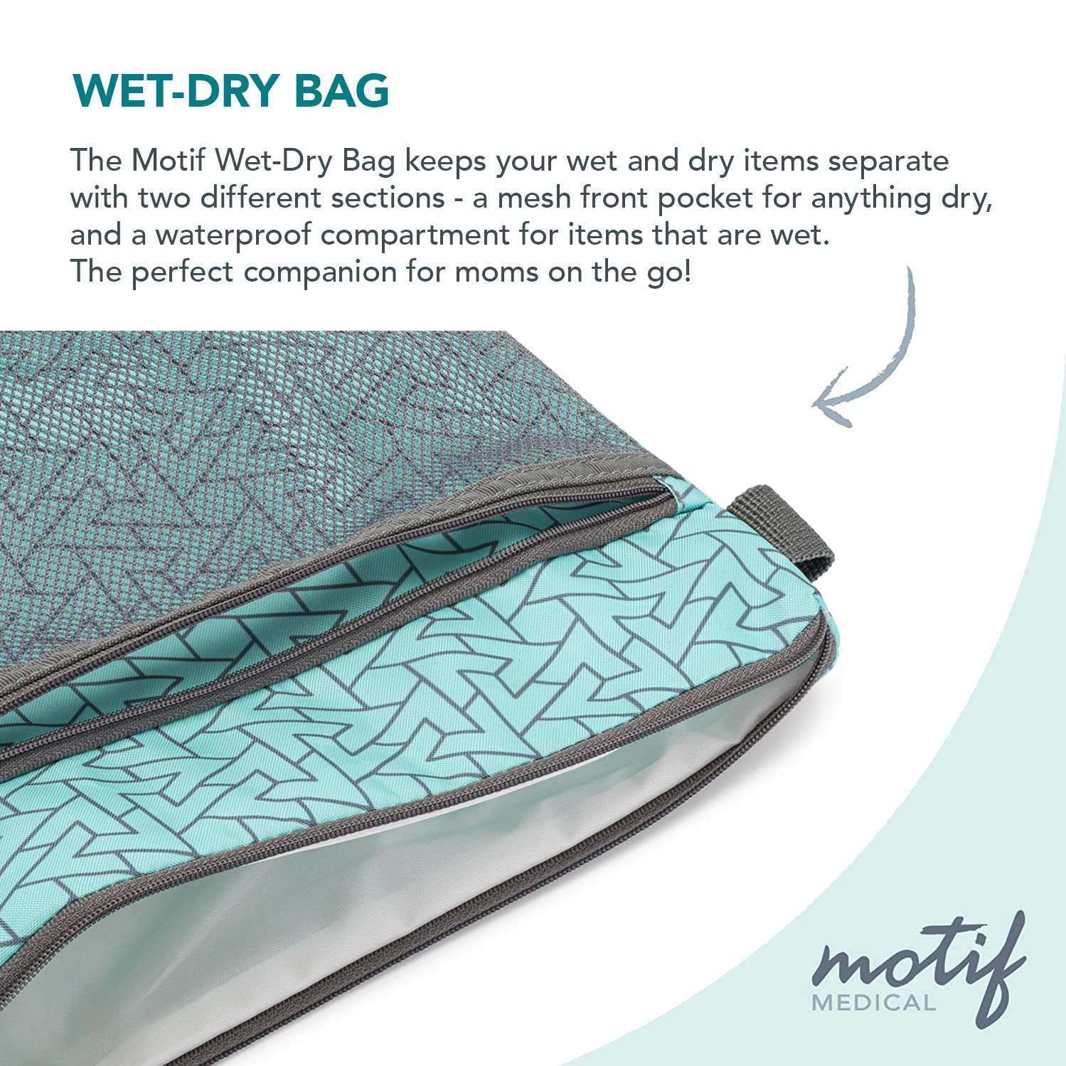 Motif Medical wet dry bag aqua waterproof pocket isolates damp items during travel and outings.