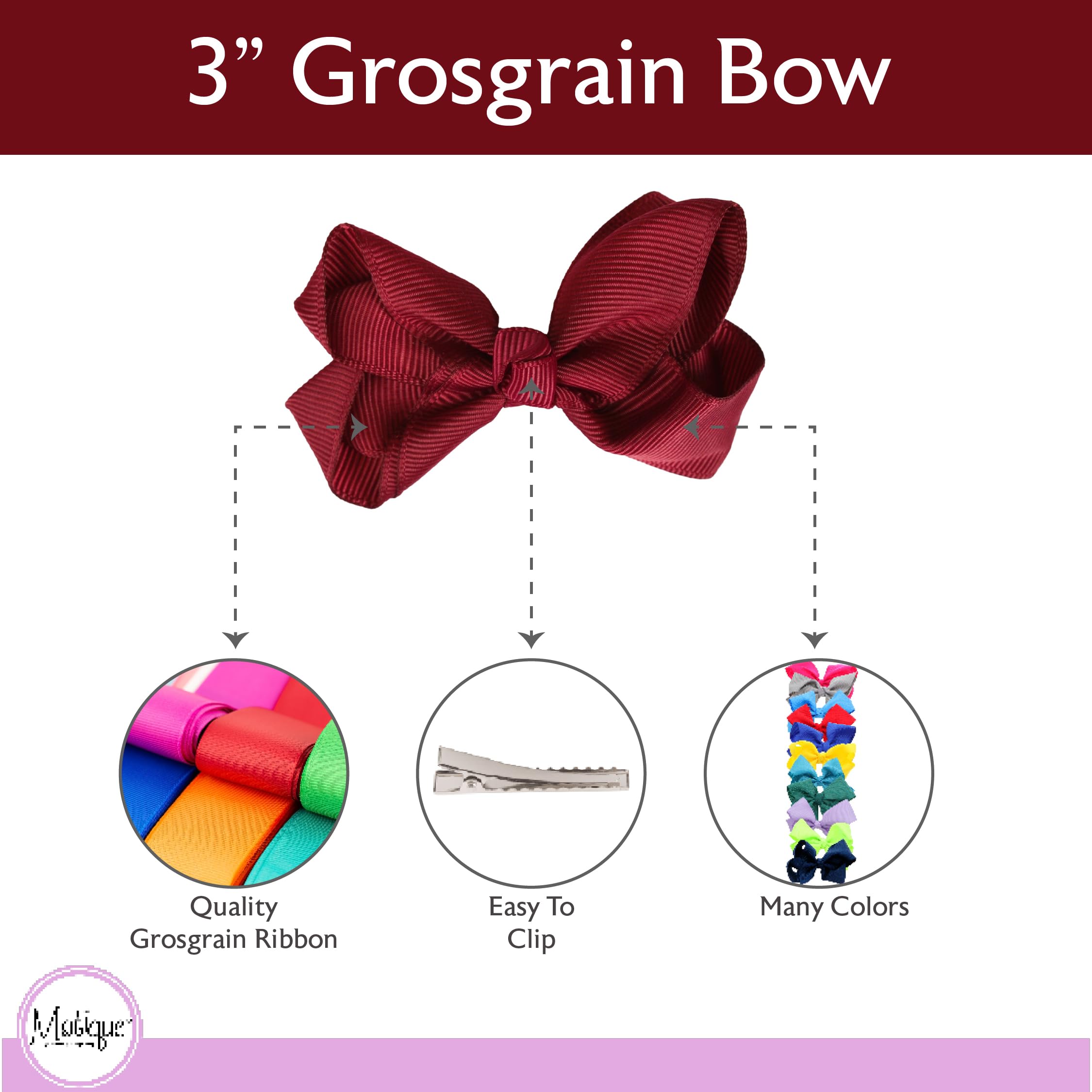 Motique Burgundy bow worn in hair creates bright, eye-catching detail.