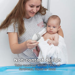 Motorola Care 3-in-1 no-touch thermometer checks baby food and bath water temperature safely.