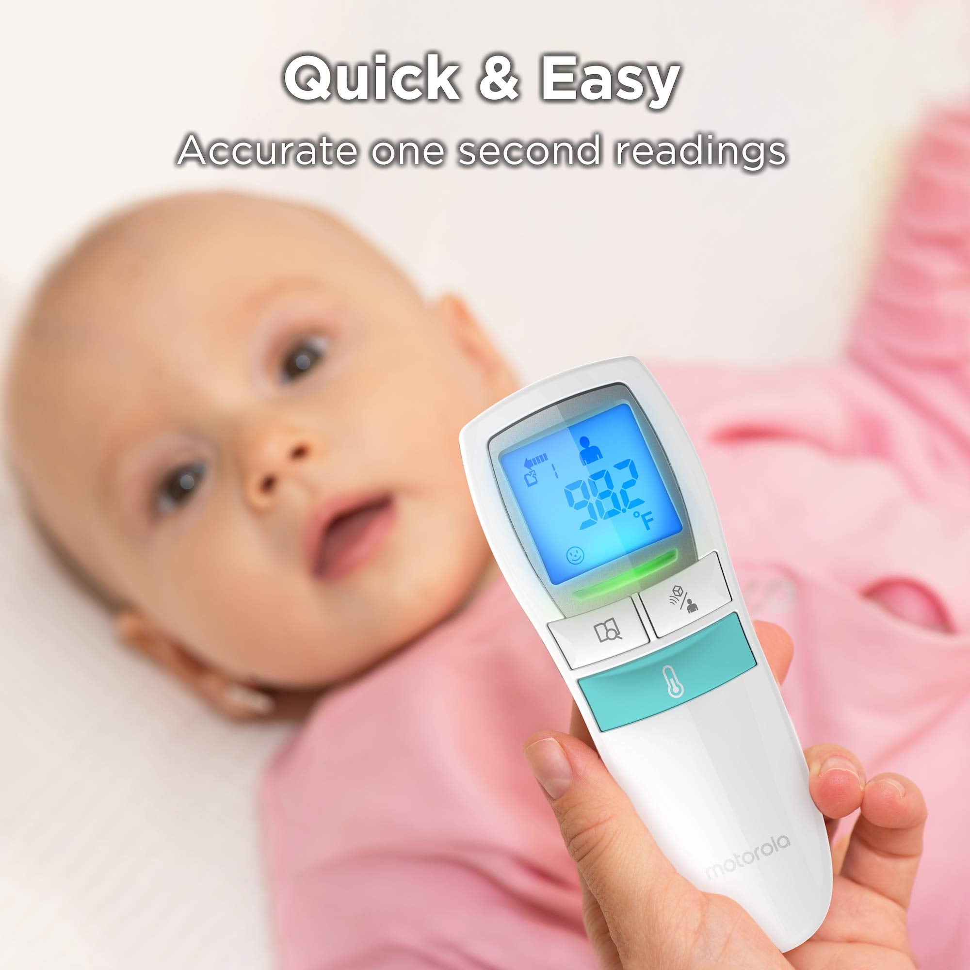 Motorola Care 3-in-1 no-touch thermometer compact travel size fits in a diaper bag.