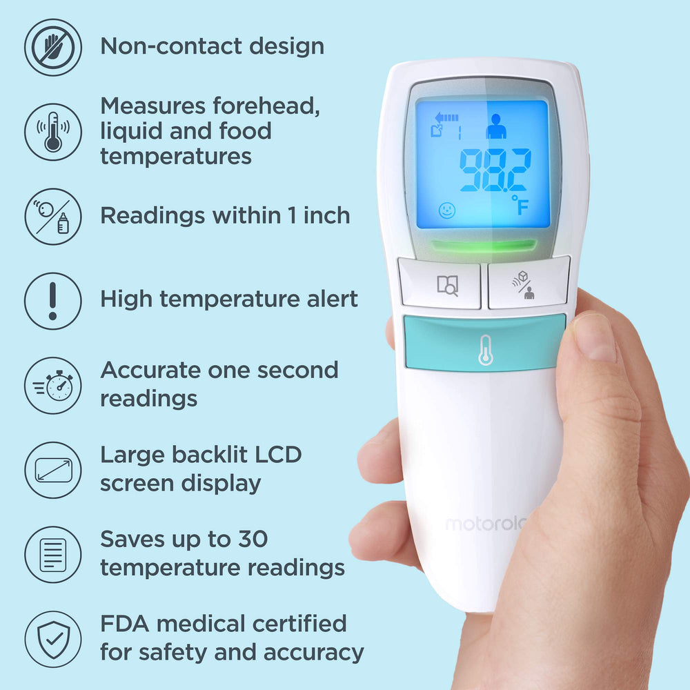 Motorola Care 3-in-1 no-touch thermometer LCD display for clear, large readouts in seconds.