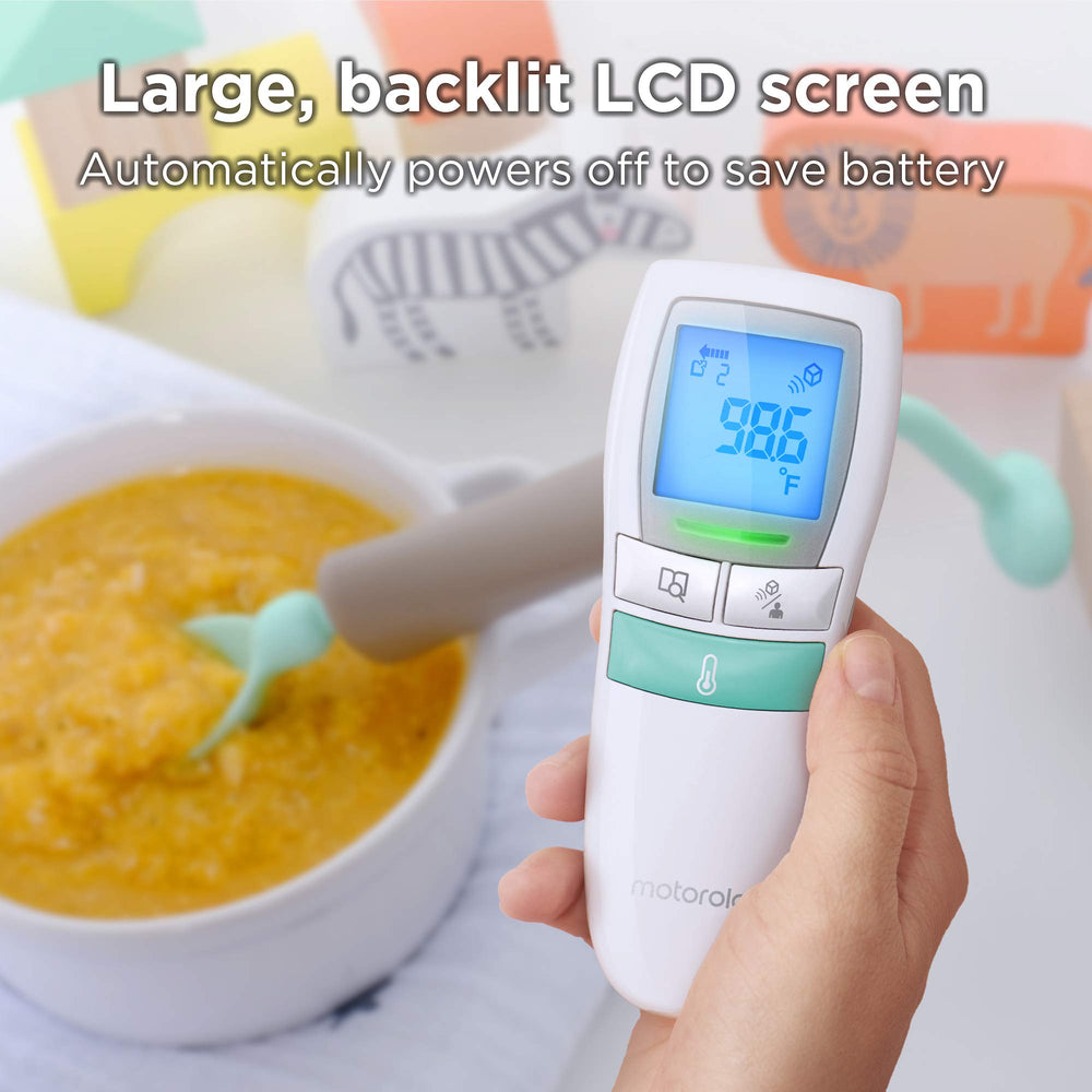 Motorola Care 3-in-1 no-touch thermometer clear LED guide supports quick temp verification.