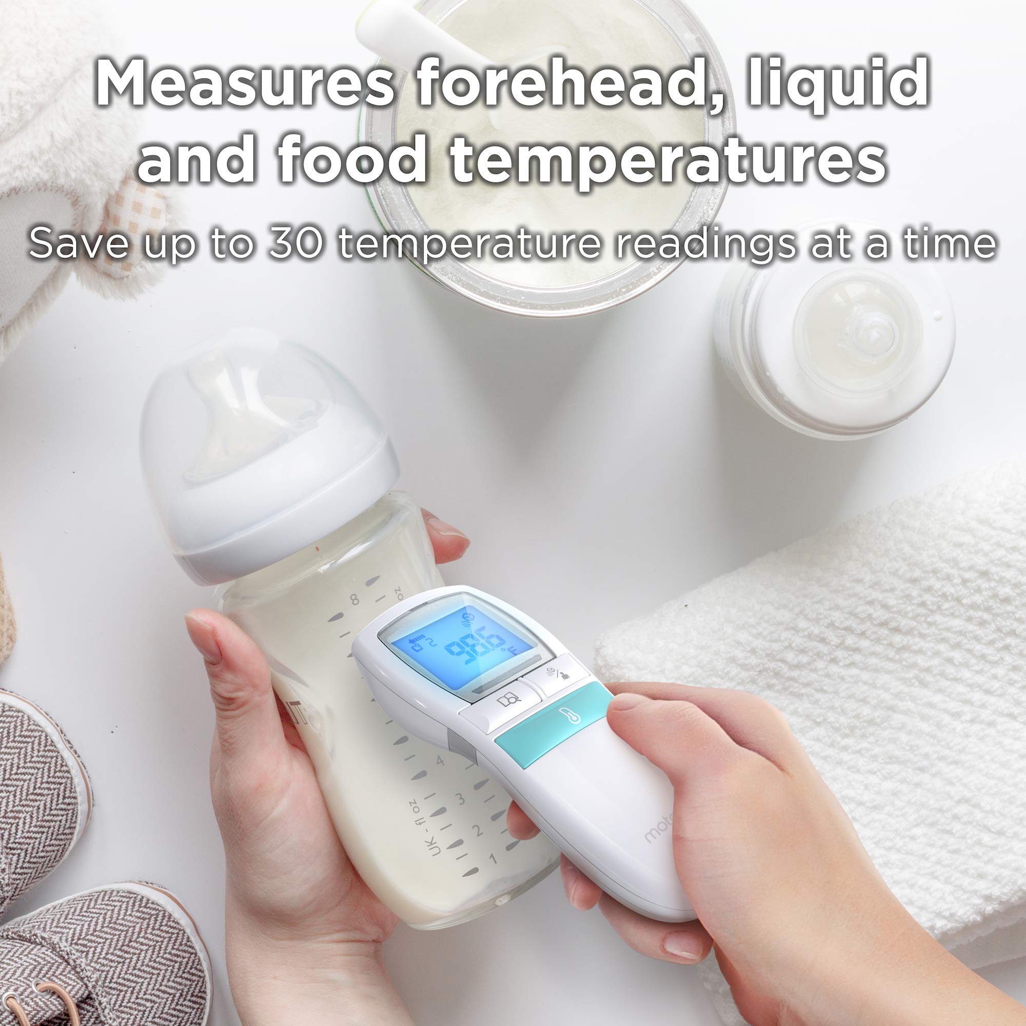 Motorola Care 3-in-1 no-touch thermometer LED indicator shows normal or high temperature at a glance.