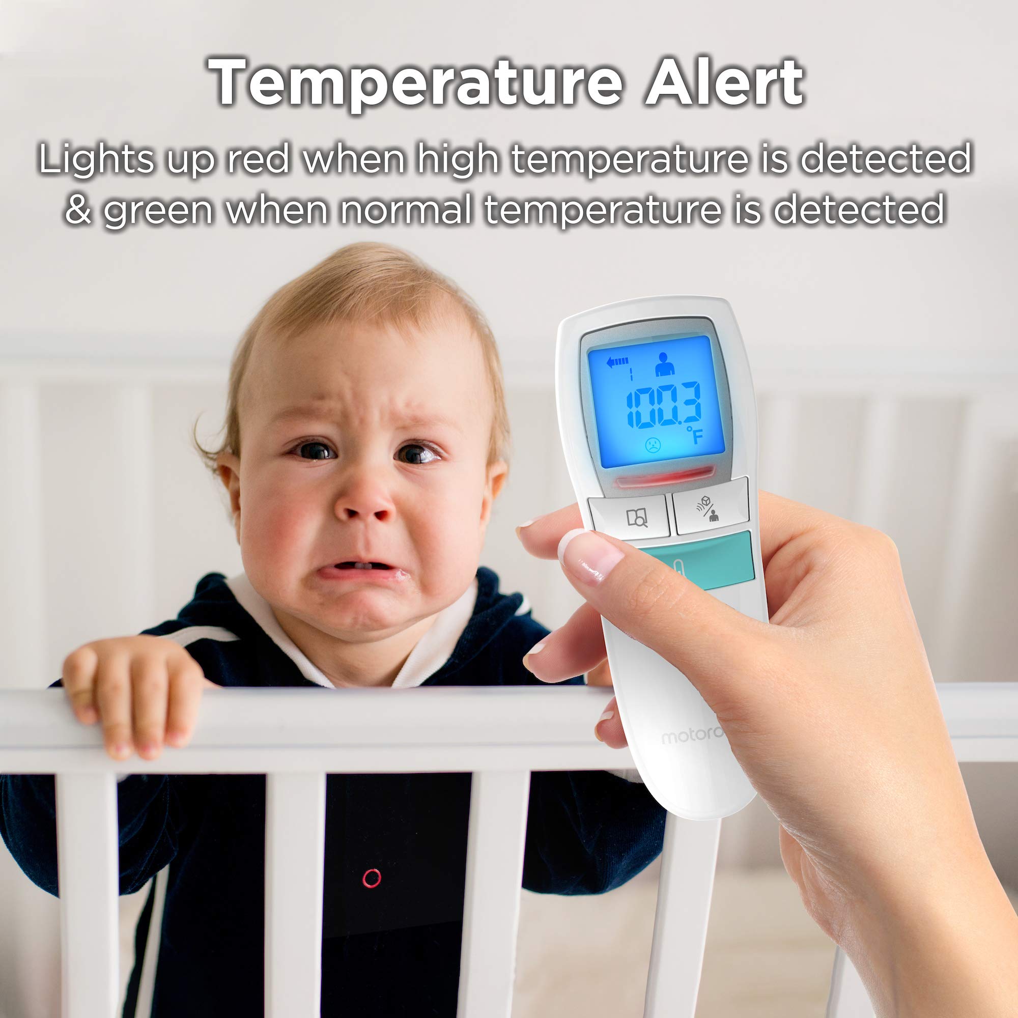 Motorola Care 3-in-1 no-touch thermometer non-contact sensing keeps distance during readings.