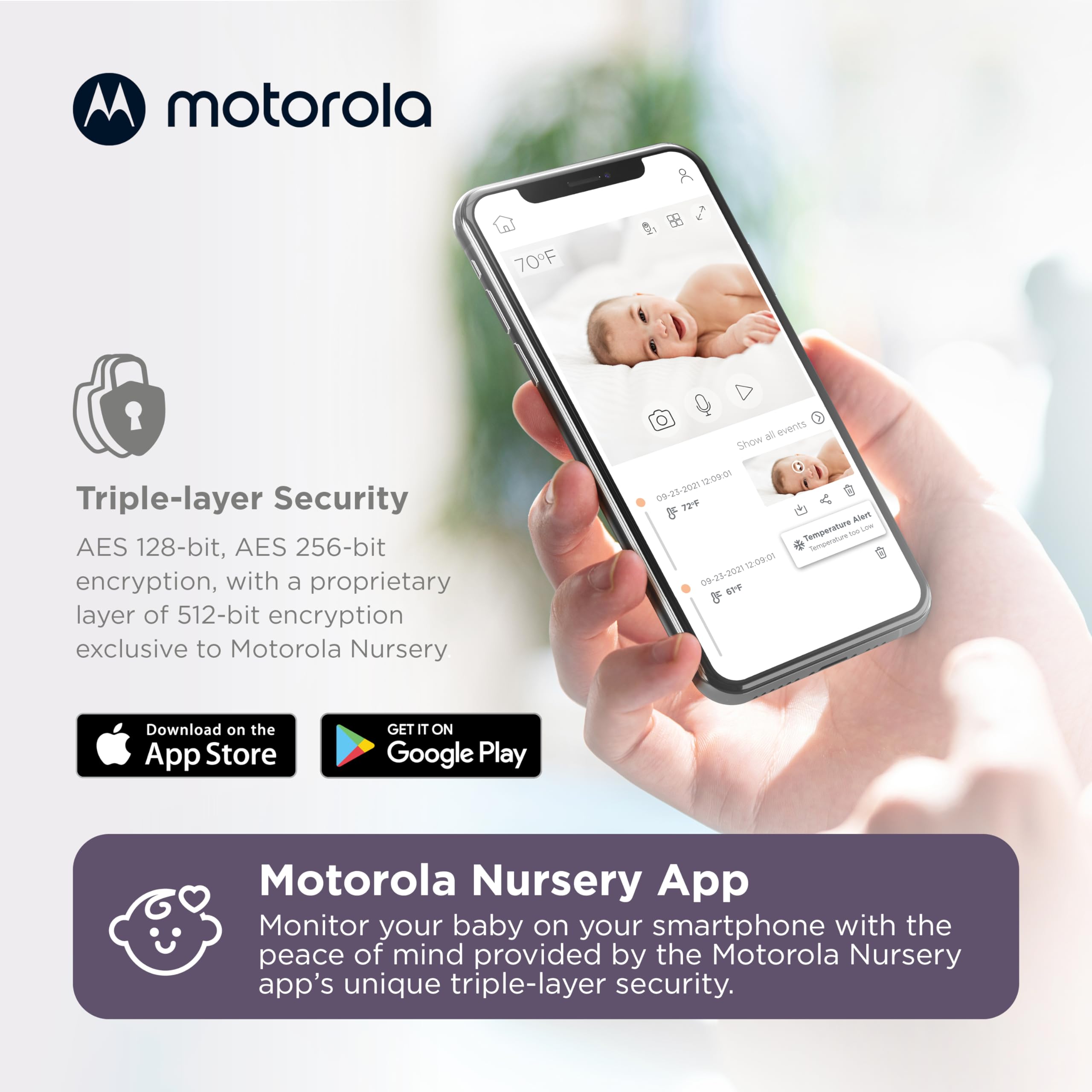Motorola Nursery 2-way audio lets you speak softly from another room.