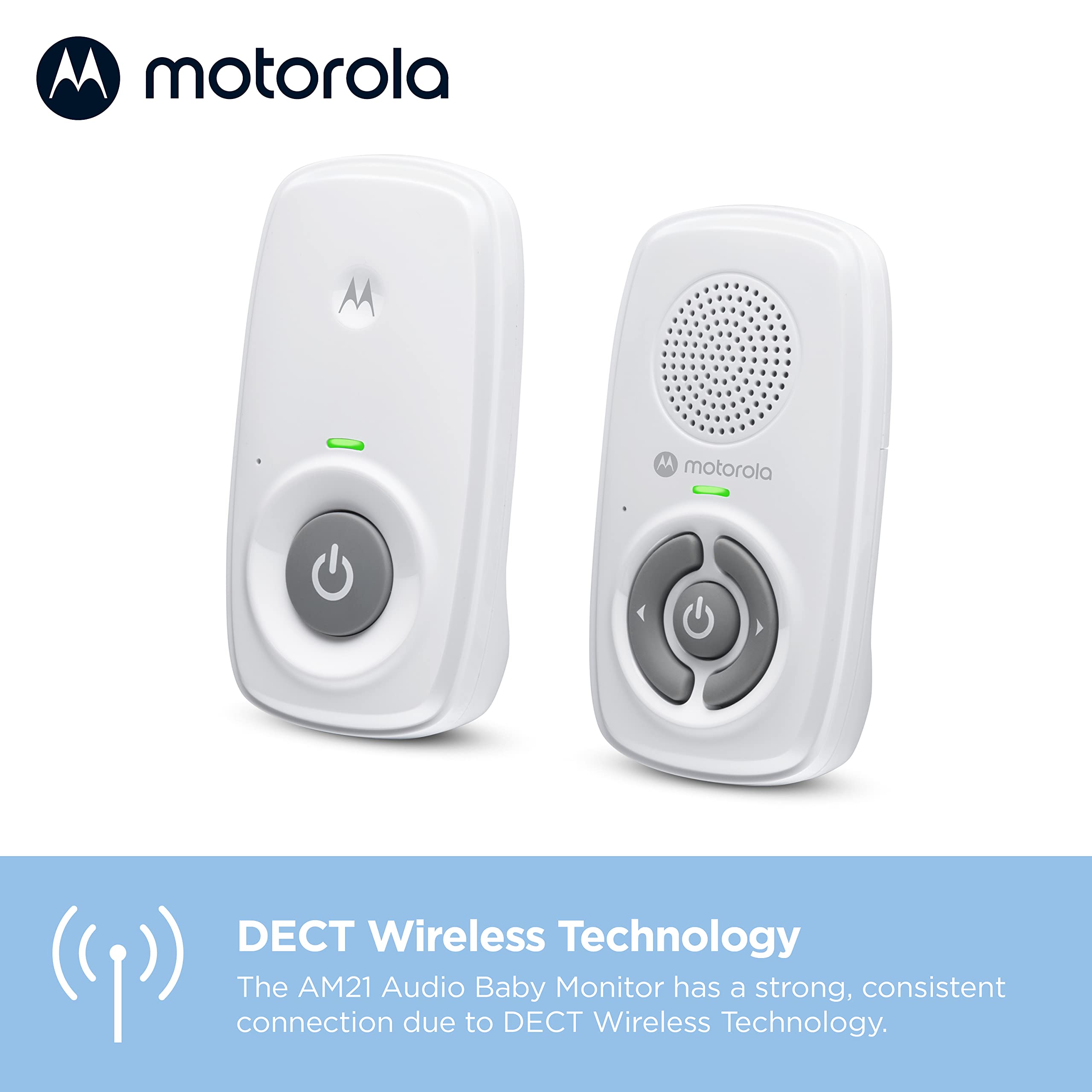 Motorola Nursery AM21 LED indicators show power and connection status.
