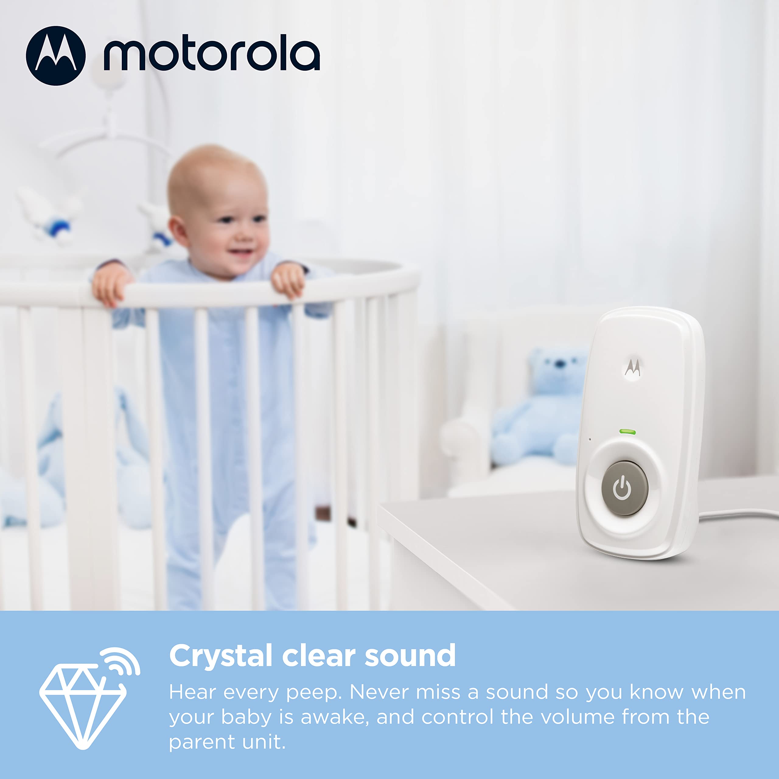 Motorola Nursery AM21 portable parent unit powered by batteries for on-the-go.
