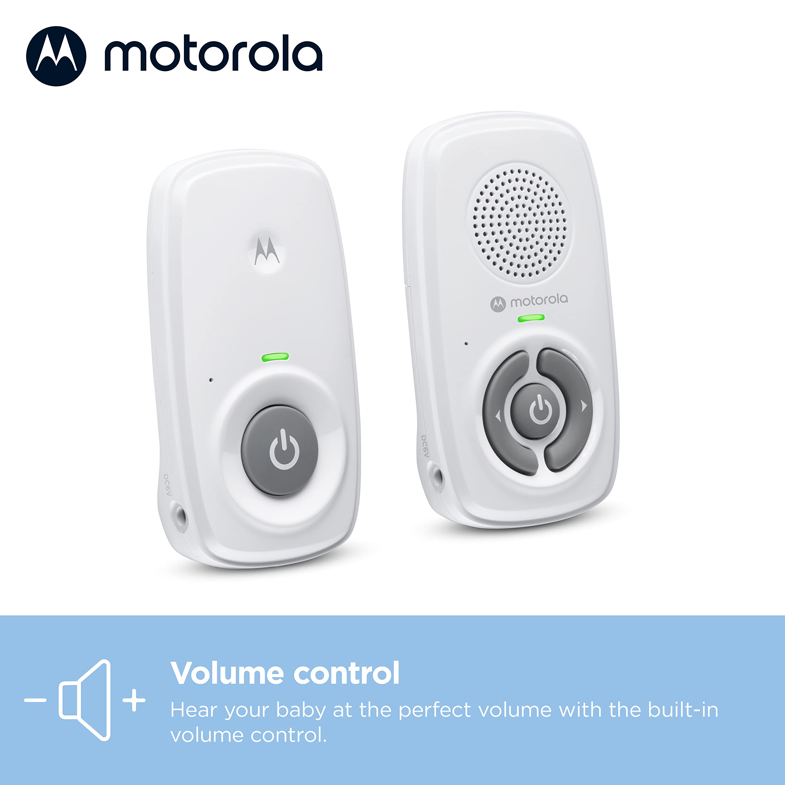 Motorola Nursery AM21 volume-control button highlights adjustable listening level.