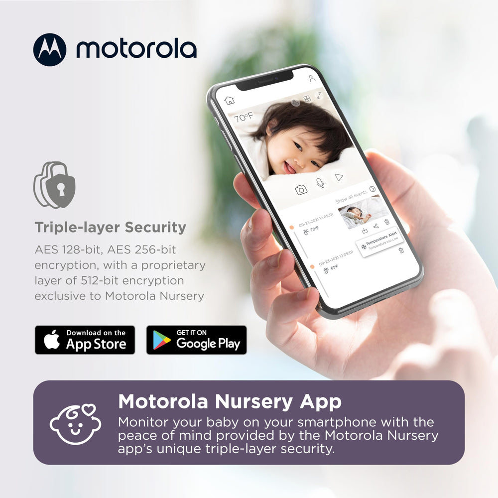 Motorola Nursery lullabies selection creates calming bedtime moments.