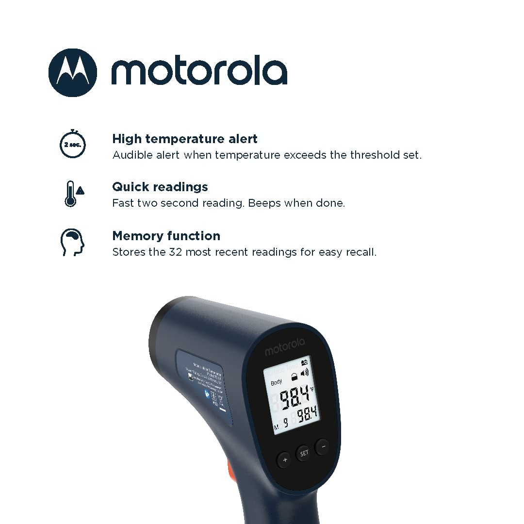 Motorola Nursery TE-94 memory function stores recent readings for trend tracking.