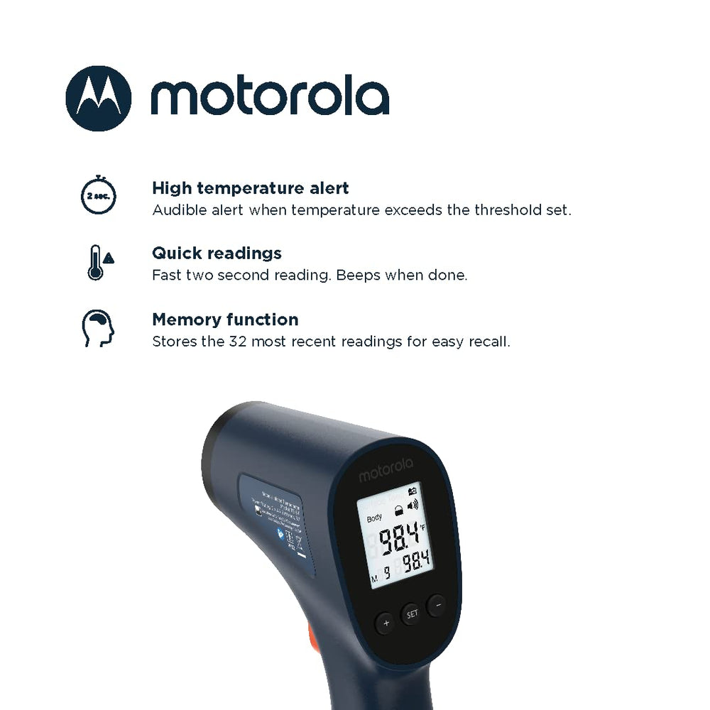 Motorola Nursery TE-94 memory function stores recent readings for trend tracking.