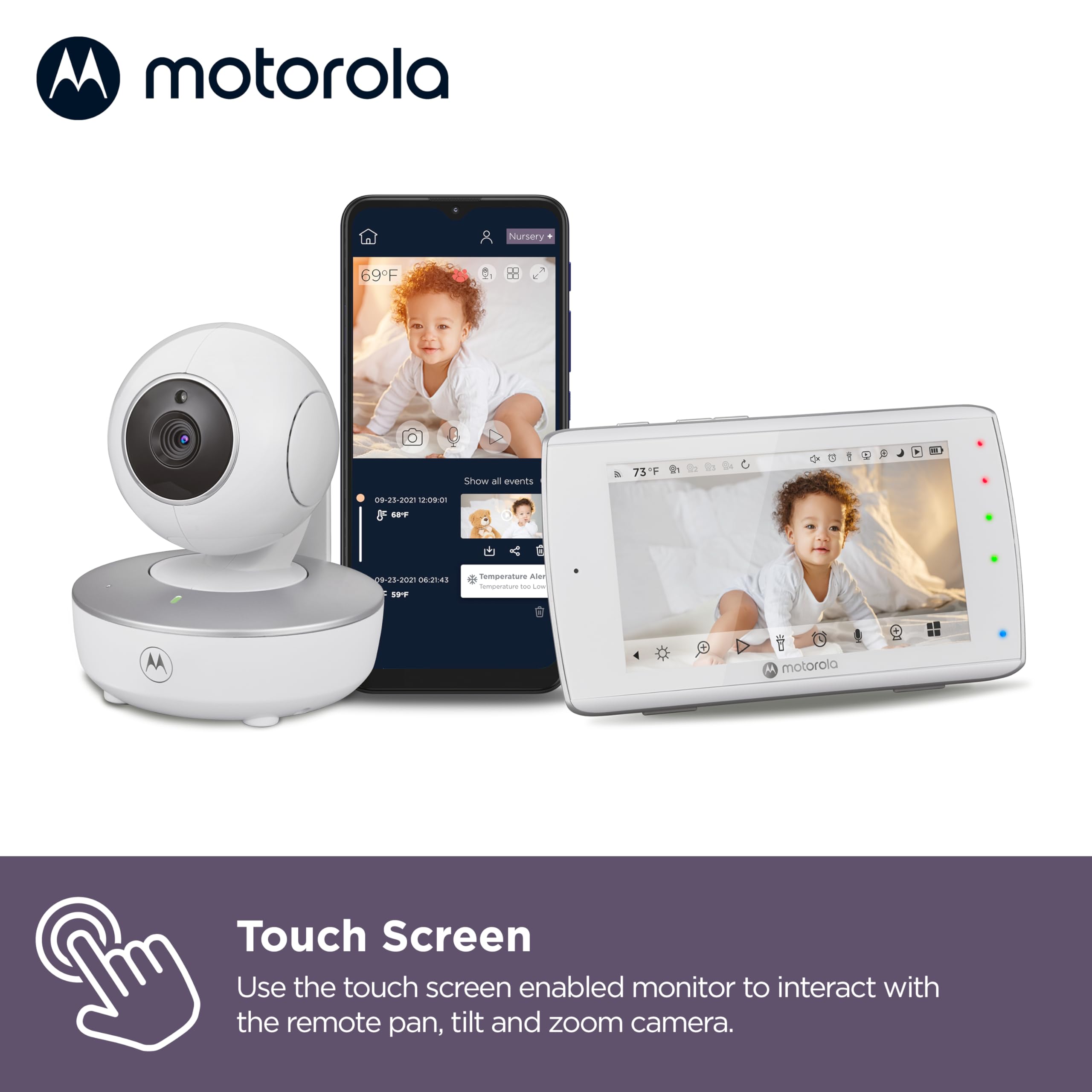 Motorola Nursery VM36XL camera pan-tilt captures full room view for better monitoring.