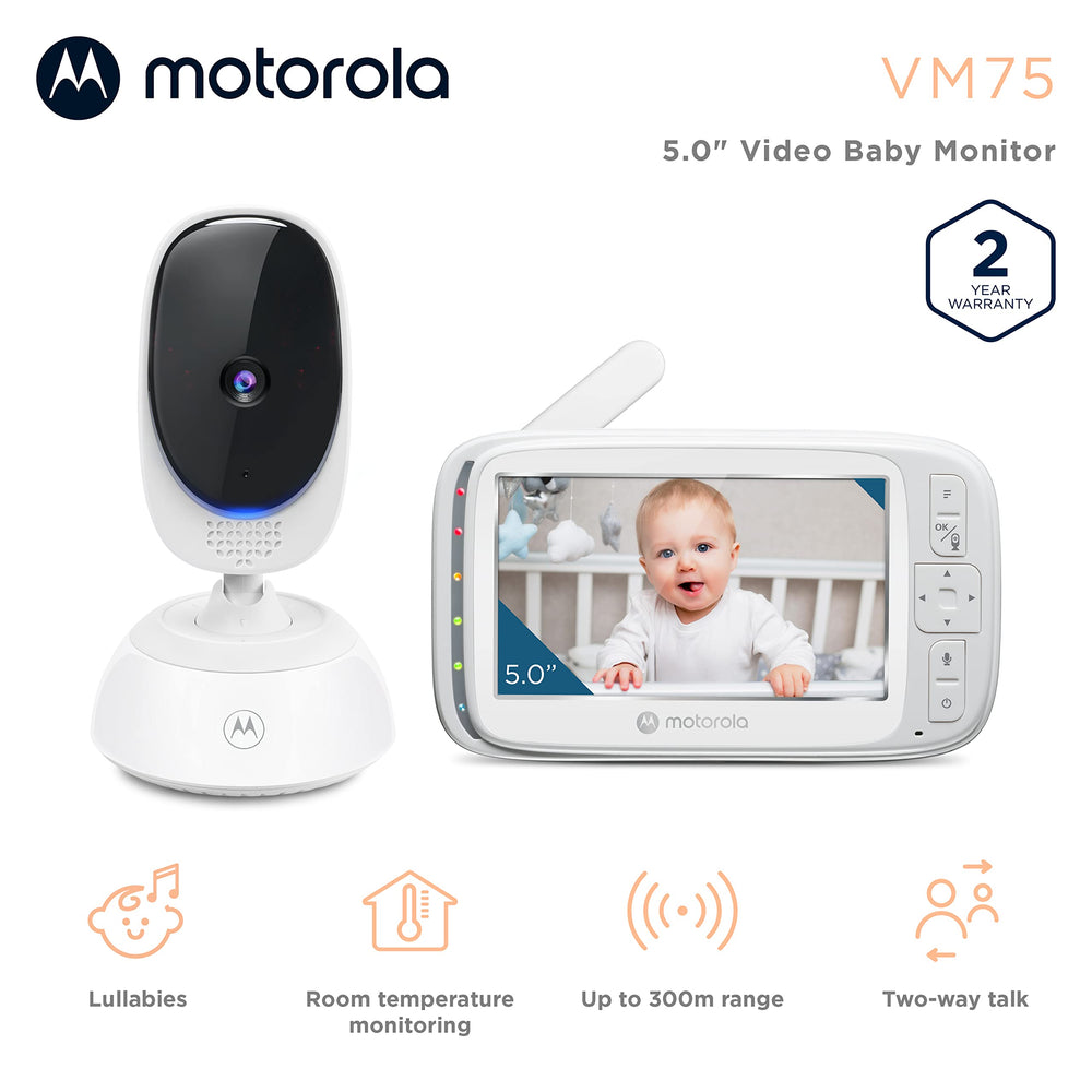 Motorola Nursery VM75 five-inch screen delivers bright, easy viewing in daytime and night.