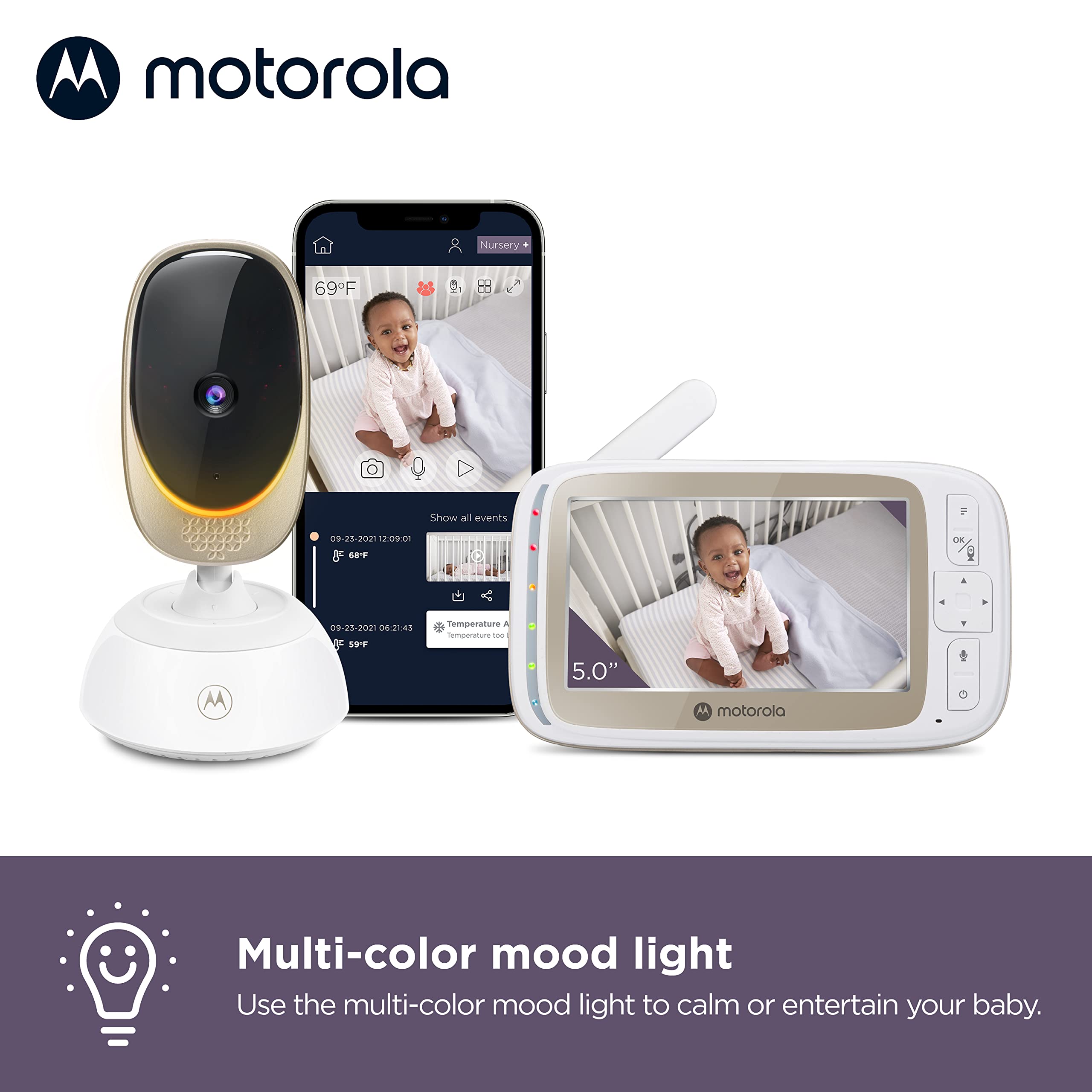 Motorola Nursery VM85 night-vision view for clear nighttime monitoring
