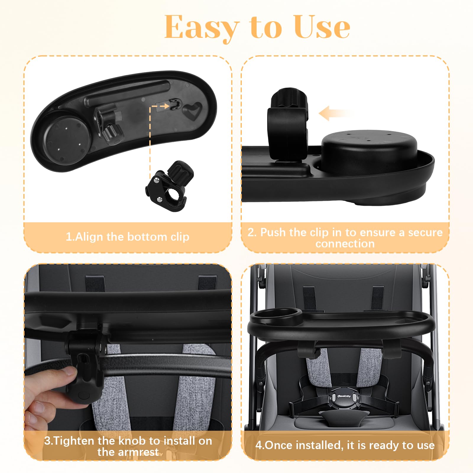 Motthjcw stroller snack tray clamps display tool-free, secure installation