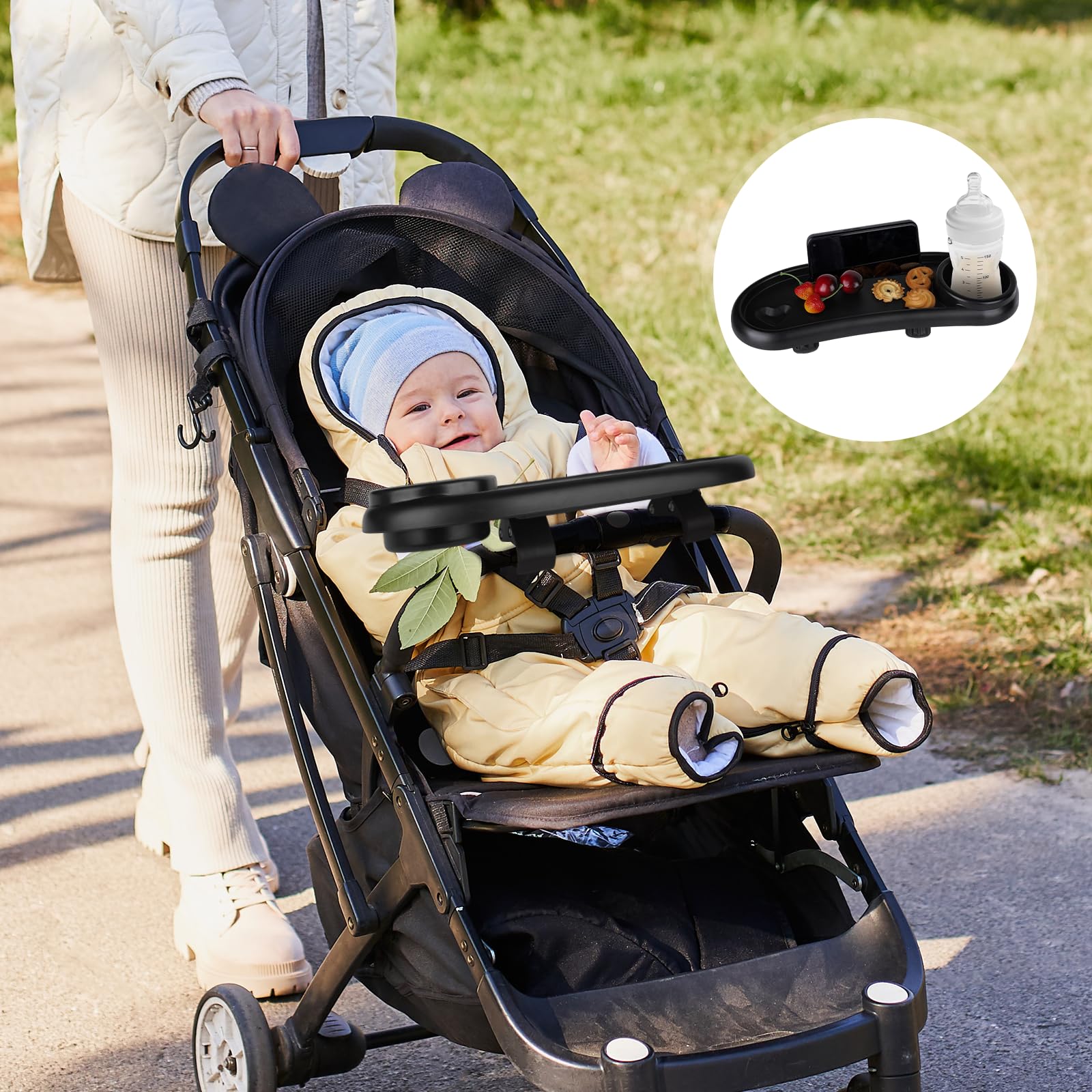 Motthjcw stroller snack tray in-use image showcasing organized essentials on the go