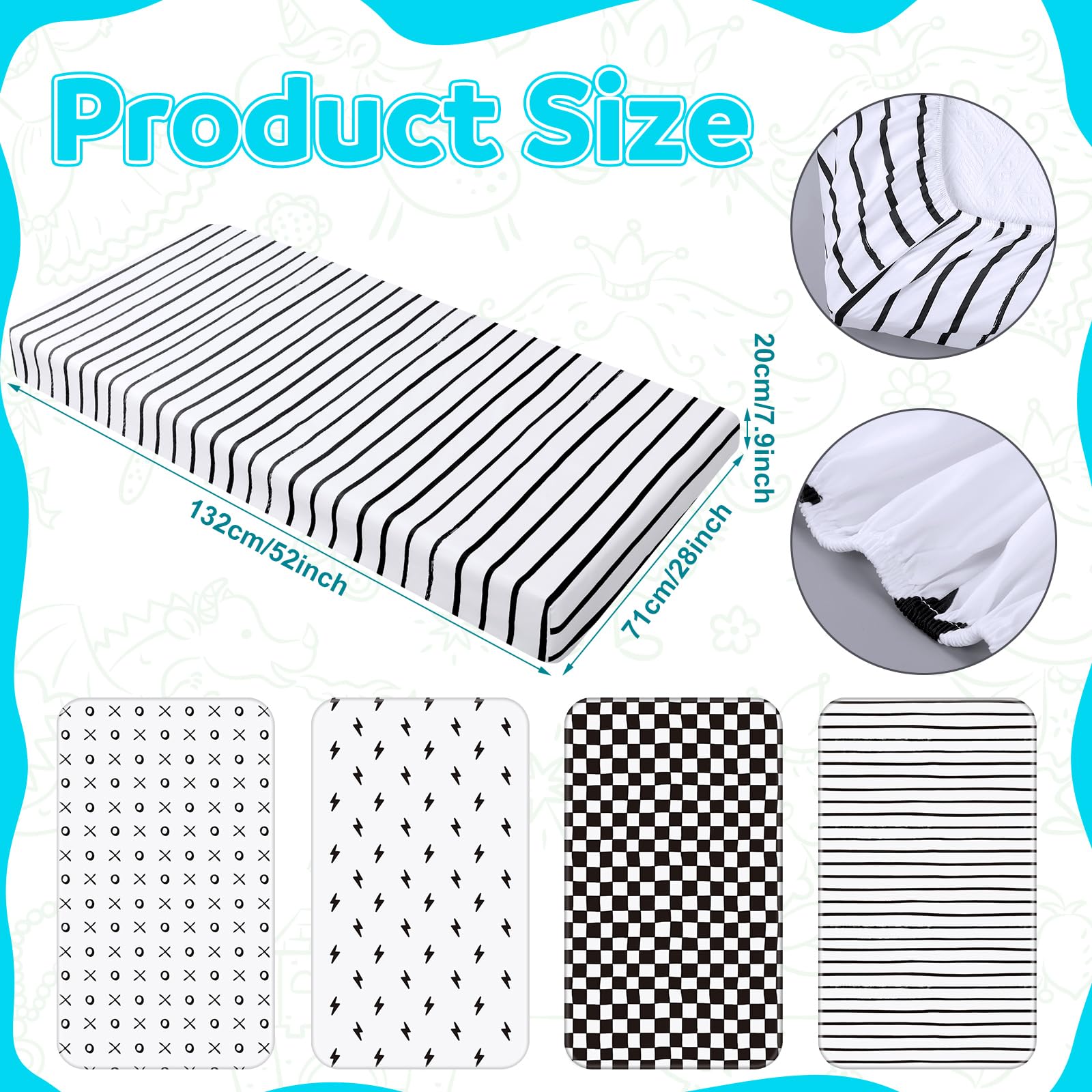 Moukeren black-white crib sheets close edge elastic for secure fit and easy care.