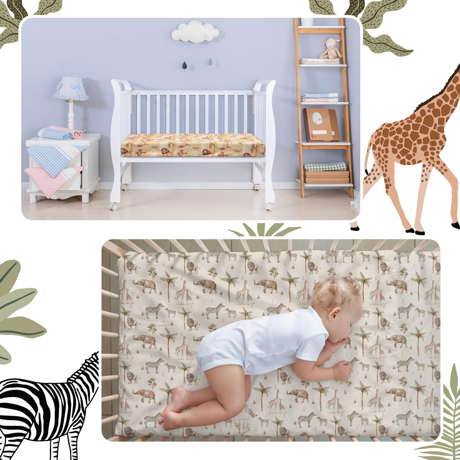 Moukeren tropical animals crib sheet pattern 4 features easy-care fabric for busy families.