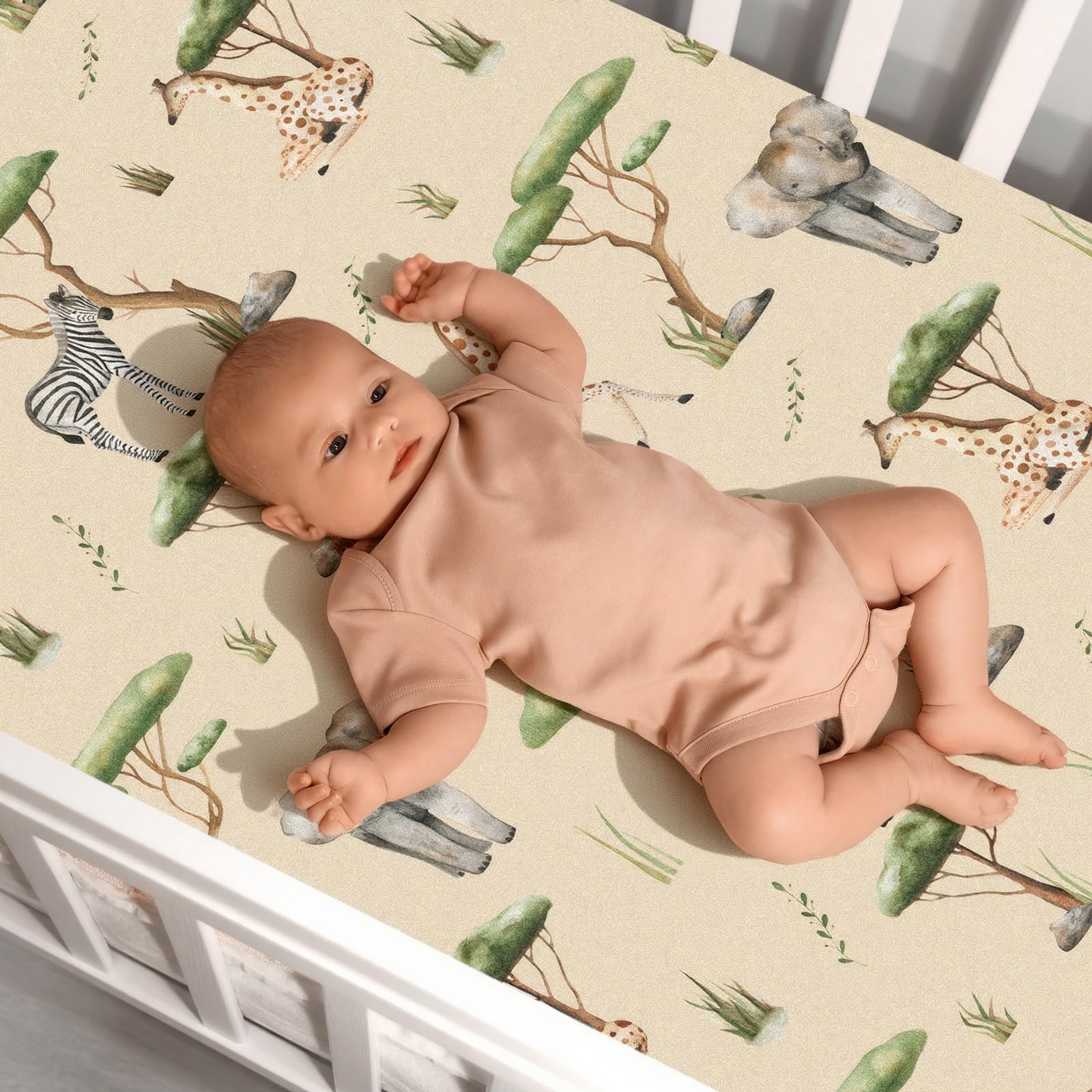 Moukeren tropical animals crib sheet pattern 5 matches neutral nursery decor beautifully.