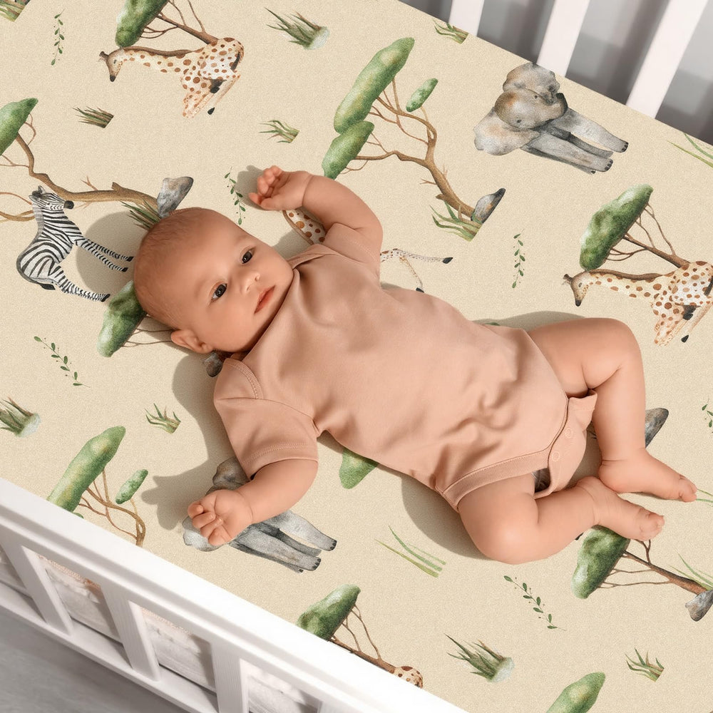 Moukeren tropical animals crib sheet pattern 5 matches neutral nursery decor beautifully.
