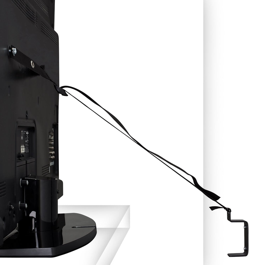 Mount-It! black safety straps in use behind a mounted TV for added stability.