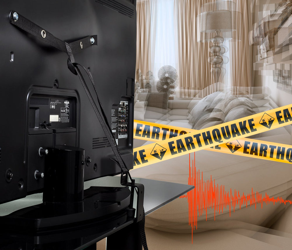 Mount-It! VESA 200/400 fit strap securing a flat-screen TV to a wall.