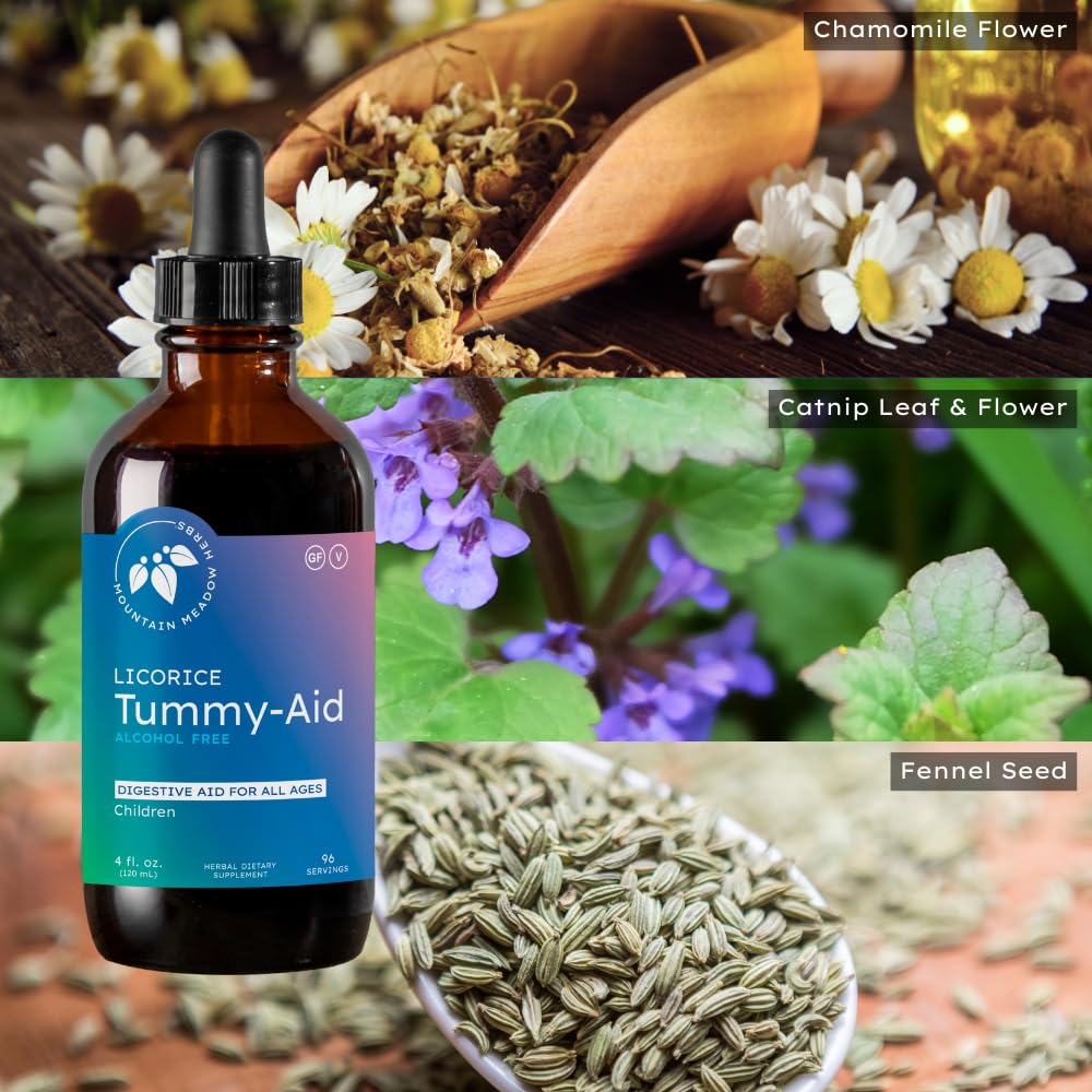 Mountain Meadow Herbs Licorice Tummy-Aid bottle emphasizes alcohol-free formula