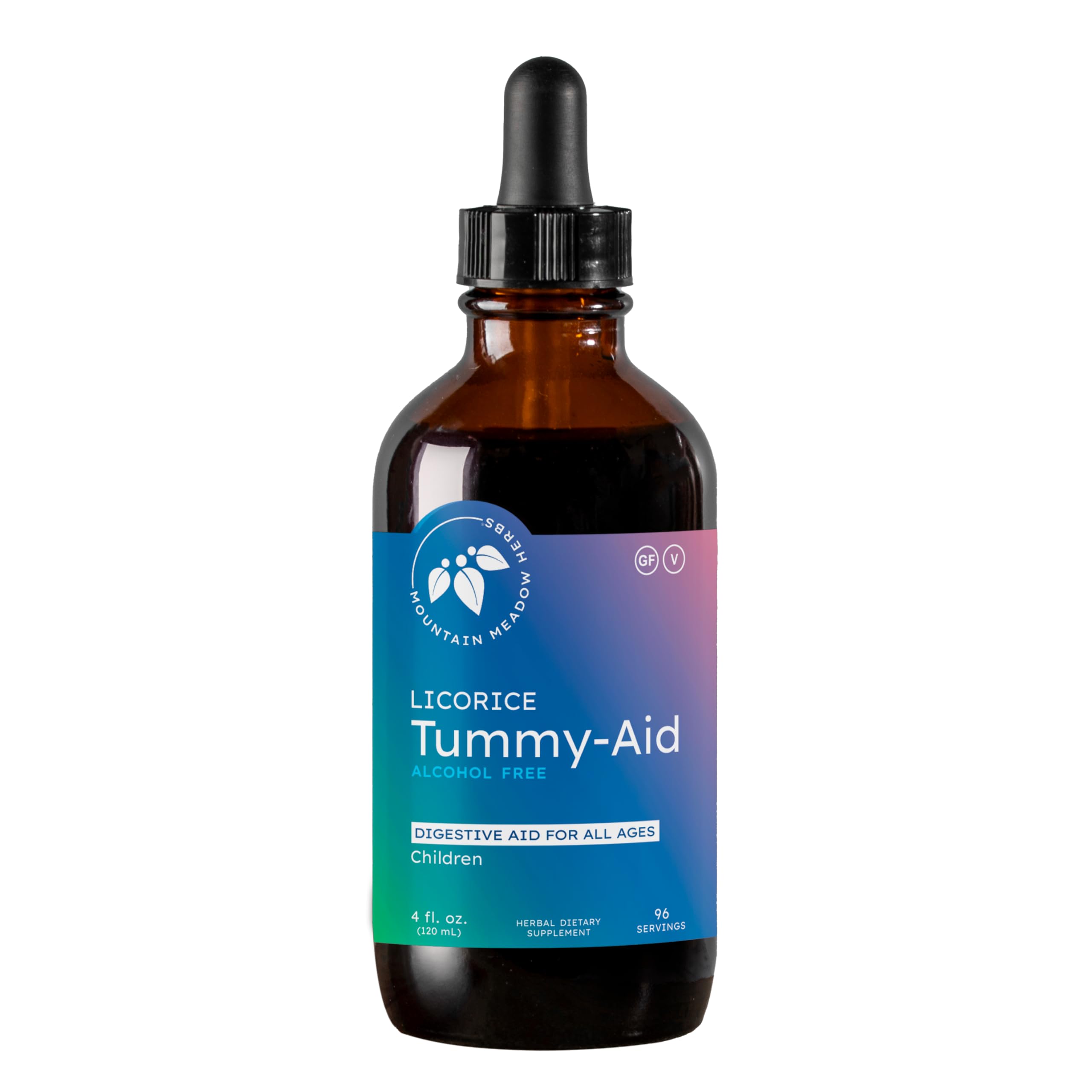 Mountain Meadow Herbs Licorice Tummy-Aid bottle shown for infant gas relief with dropper
