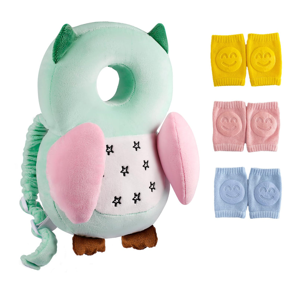 Mounting UP head protector backpack for babies; owl design with adjustable chest strap