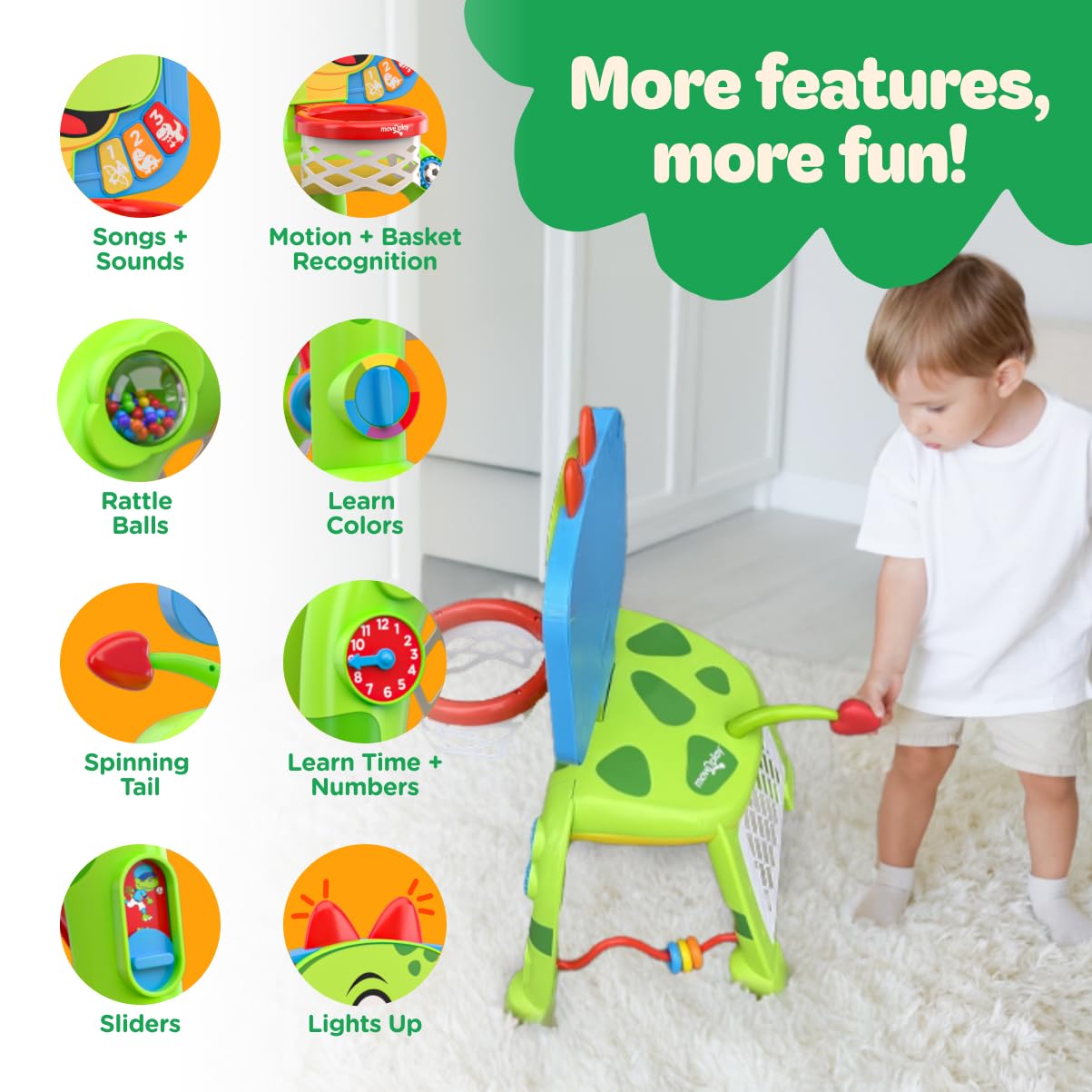 Move2Play dinosaur toy close-up thirty-plus sounds to spark imagination.