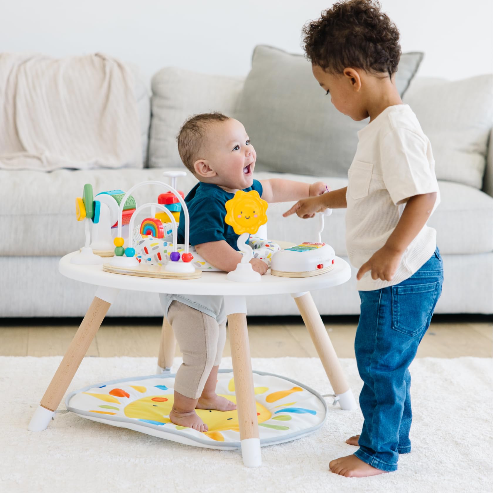 Move2Play 4-in-1 activity center plastic toys wipe clean after playtime.