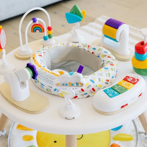 Move2Play 4-in-1 activity center showcases chic, modern design with wood accents.