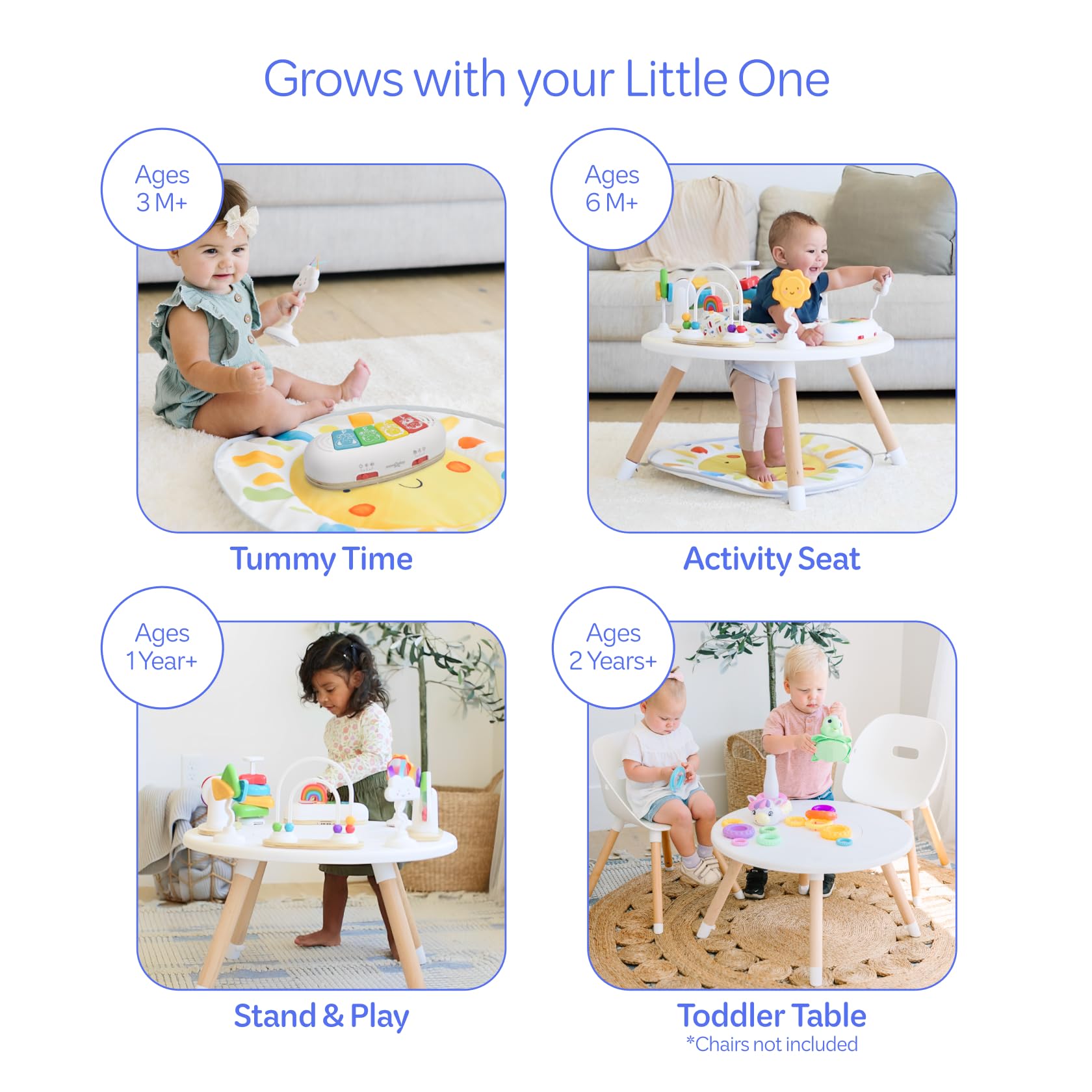 Move2Play 4-in-1 activity center transforms into a toddler table for growing independence.