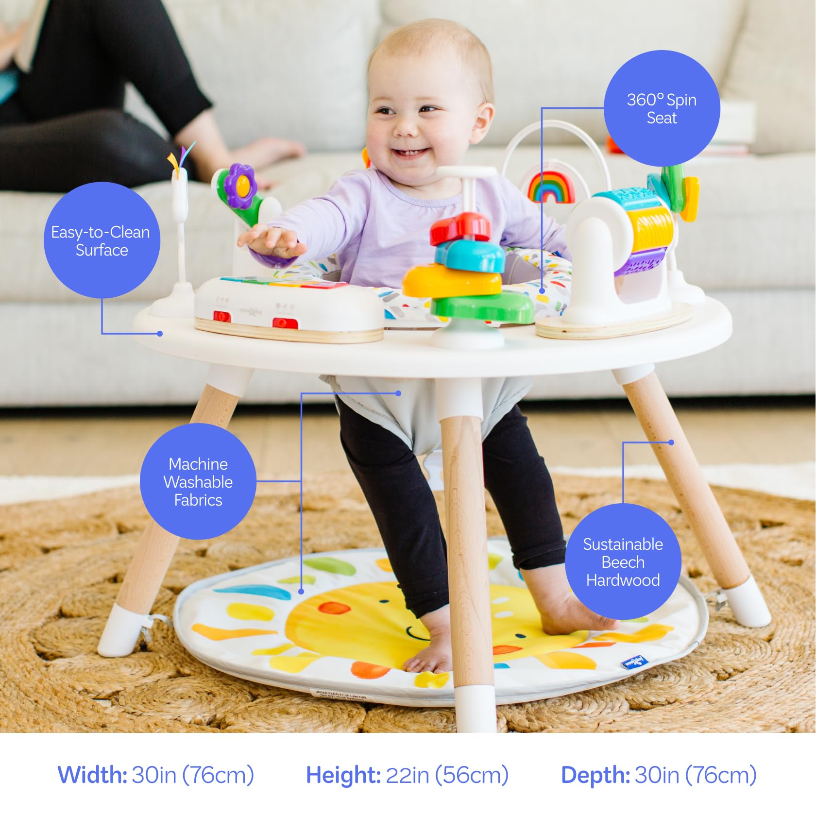 Move2Play 4-in-1 activity center with sustainably sourced wood legs for sturdy support.