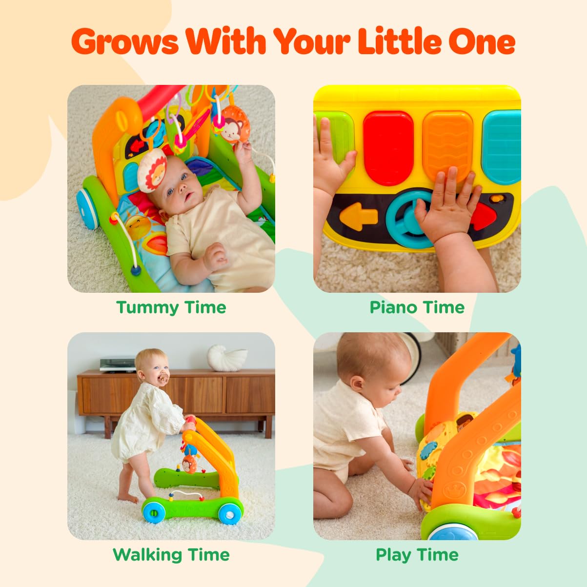 Move2Play activity center supports sitting and playing with baby-safe textures.
