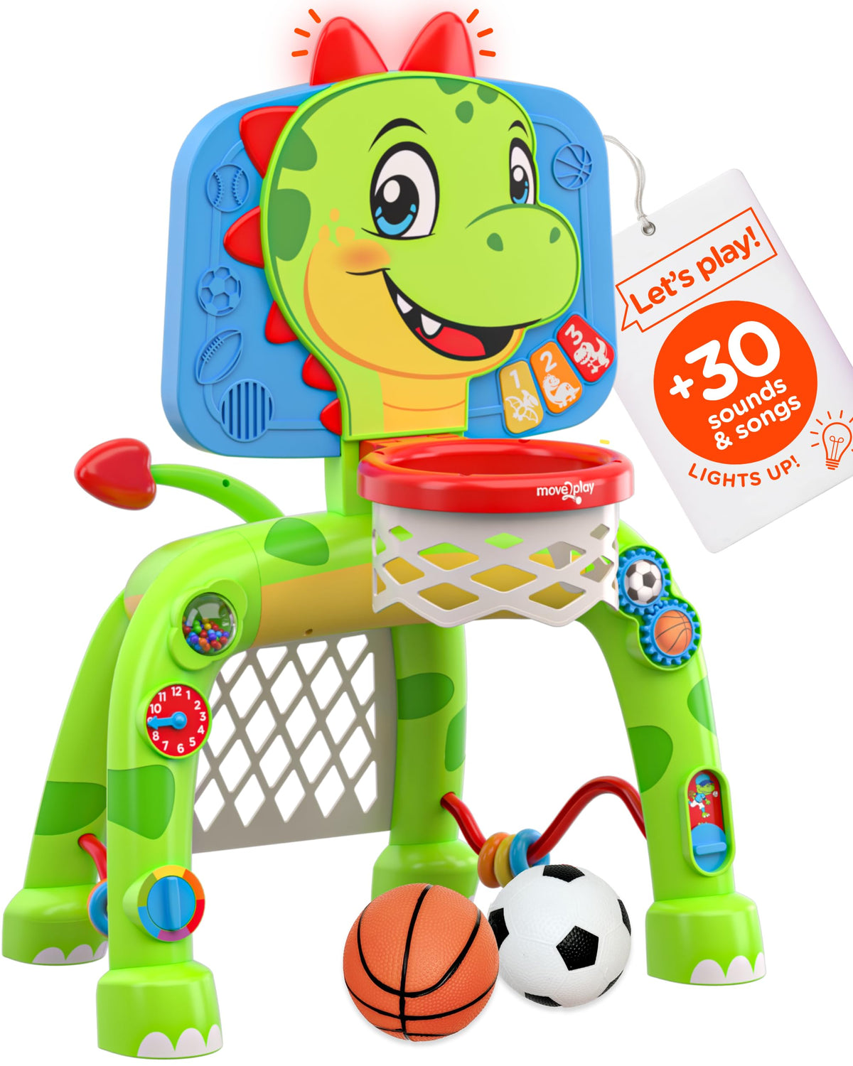 Move2Play dinosaur basketball hoop activity center front view for active play and motor skills.