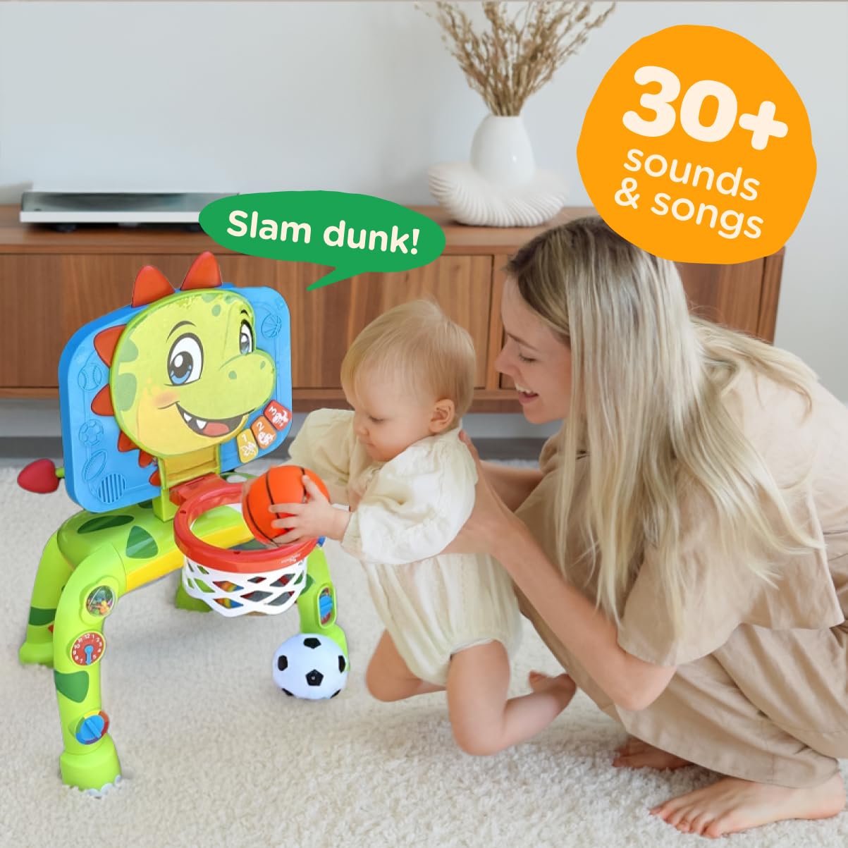 Move2Play dinosaur soccer goal play area kids kick, aim, and develop coordination.