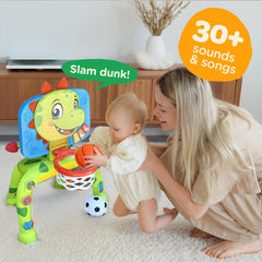 Move2Play dinosaur soccer goal play area kids kick, aim, and develop coordination.