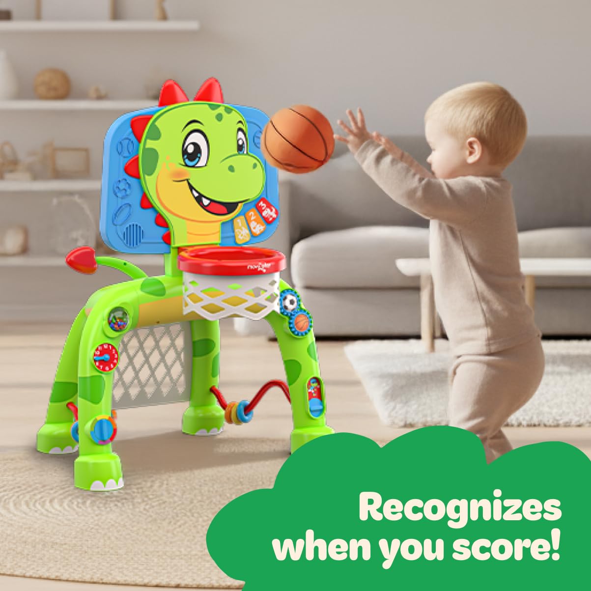 Move2Play five lights dino activity center close-up—colorful lights inspire visual tracking.