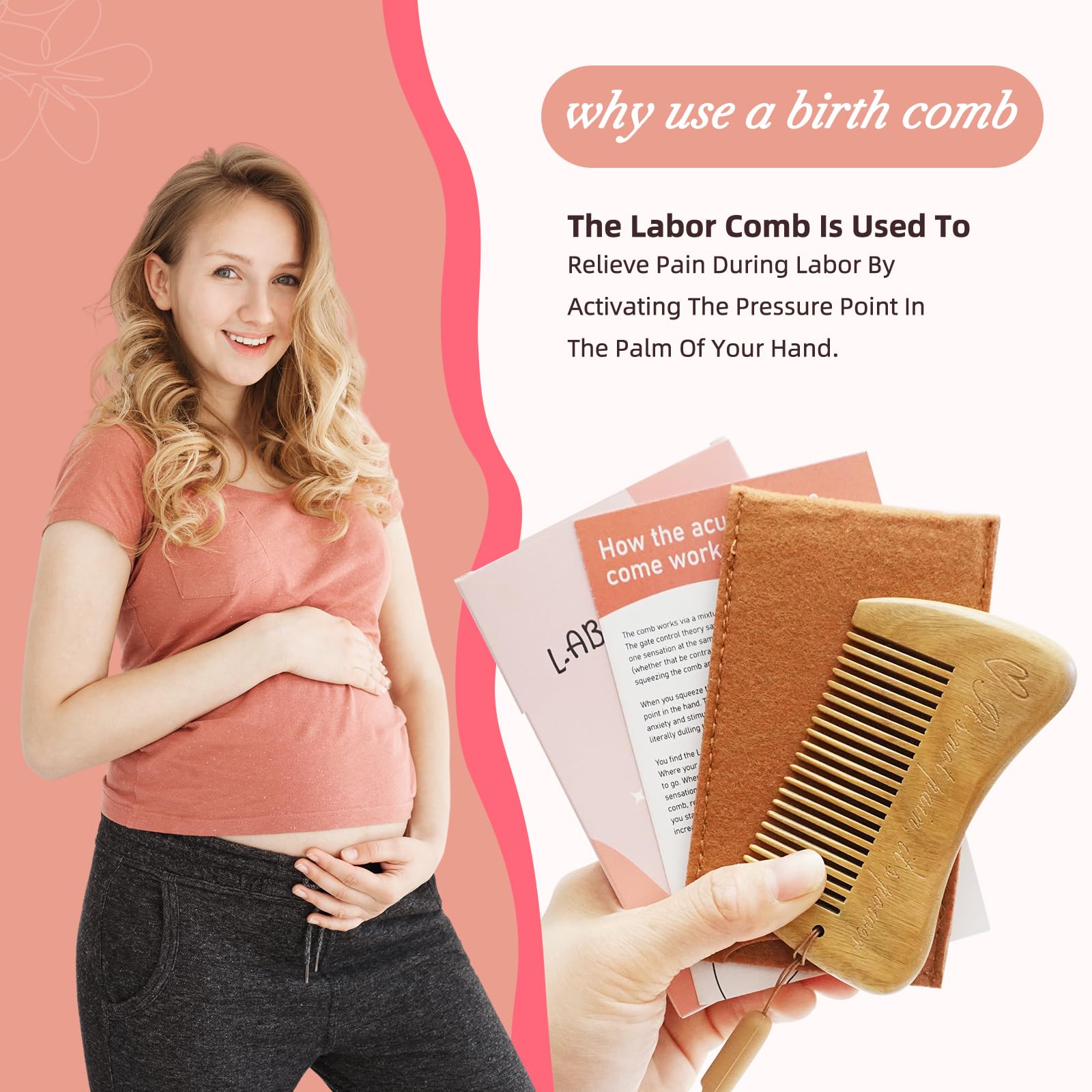 Mowawa sandalwood birthing comb packaged for travel and easy packing.