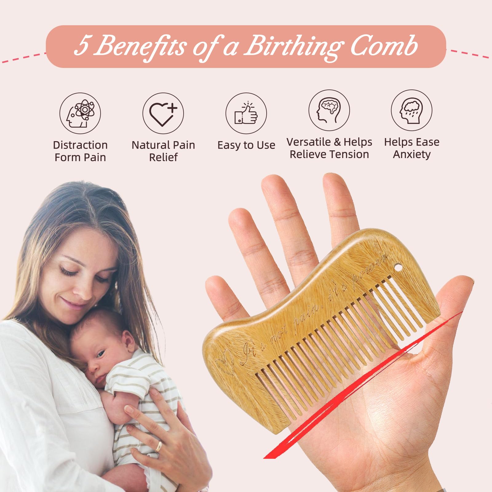 Mowawa sandalwood birthing comb with silicone wrist strap for portable, secure grip.