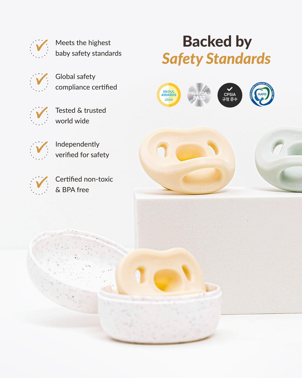 MOYUUM dishwasher and microwave safe pacifier for quick cleaning routines