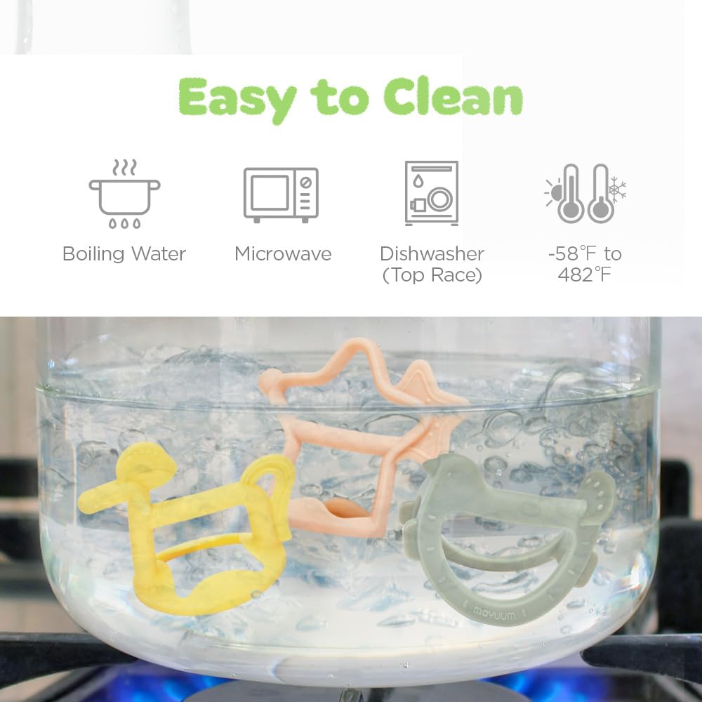 MOYUUM Dishwasher-Safe Teether cleans easily between uses.